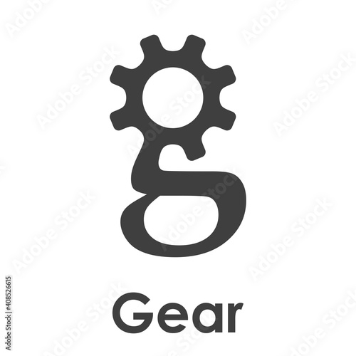 Logotipo con texto Gear y silueta de rueda dentada con forma de letra g en color gris