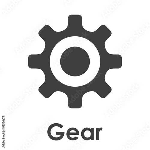 Logotipo con texto Gear y letra O en el interior de silueta de rueda dentada en color gris
