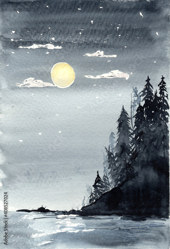 Watercolor illustration of a night iland  with pines onth lake with full yellow moon and stars