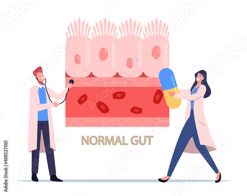 Tiny Doctors Characters with Stethoscope and Pill Presenting Healthy Intestinal Cells and Normal Gastrointestinal Tract