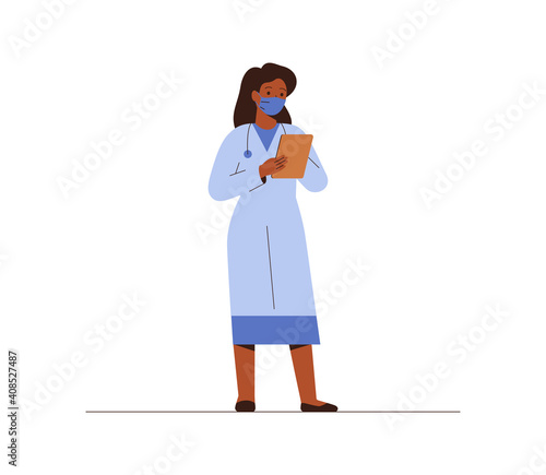 Black female doctor in medical uniform and face mask holds tablet isolated on white background.  African American nurse woman looks in the medical card. vector flat illustration.