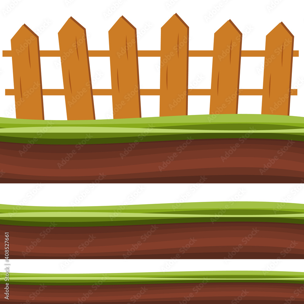 Cartoon rural wooden fence in green grass vector illustration. Wood farm fence outdoor. Cartoon rural wooden fence in green grass vector illustration. Wood farm fence outdoor.