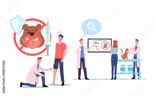 Rabies Disease Concept. Injured Patient with Dog Bite Visiting Hospital. Medics Inject Vaccine or Presenting Information