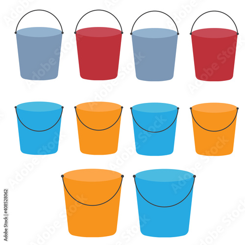 Cartoon buckets. Water pails, metal and plastic bucket. Isolated vector set. Collection of bucket container with water, pailful photo