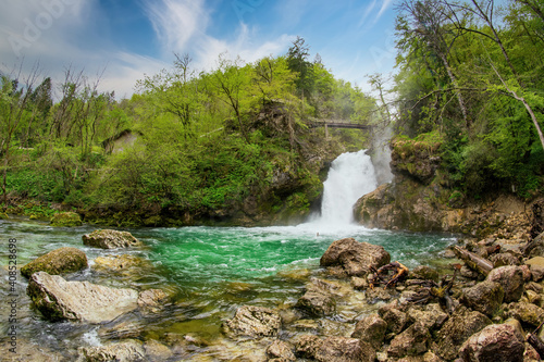 Picturesque Sum waterfall on Radovna river in the end of Vintar gorge  Slovenia