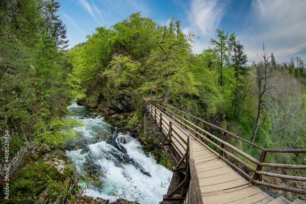 Wooden bridge above Radovna river in the end of Vintgar gorge and Sum waterfall, Slovenia Wooden bridge above Radovna river in the end of Vintgar gorge and Sum waterfall, Slovenia