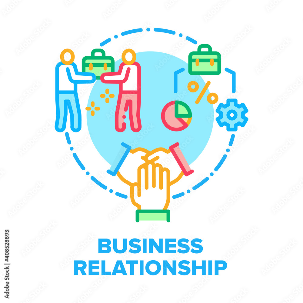 Business Relationship Team Vector Icon Concept. Colleagues Relationship And Teamwork, Analyzing Work Process And Profit, Company Corporate Greeting Communication Color Illustration