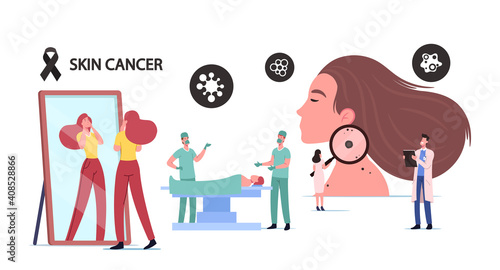 Skin Cancer Concept. Tiny Doctor Oncologist Character Examine Woman Moles with Huge Magnifier. Surgeon Make Operation