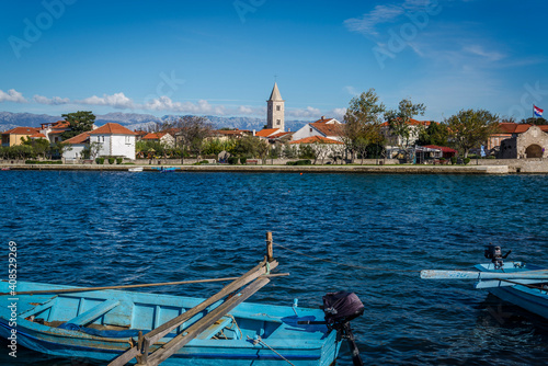 View of the town across the sea,  Nin, a town in the Zadar County, Dalmatia, Croatia photo
