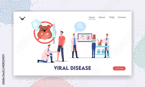 Viral Disease, Rabies Landing Page Template. Injured Patient with Dog Bite Visiting Hospital. Medics Inject Vaccine