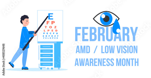 AMD, Low vision awareness month event is celebrated in February. Medical ophthalmologist eyesight check up concept vector. Eye doctor illustration for health care web banner