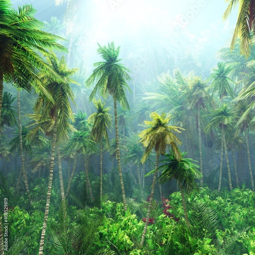 Jungle  beautiful rainforest in the fog  palm trees in the haze  jungle in the morning in the fog  3D rendering