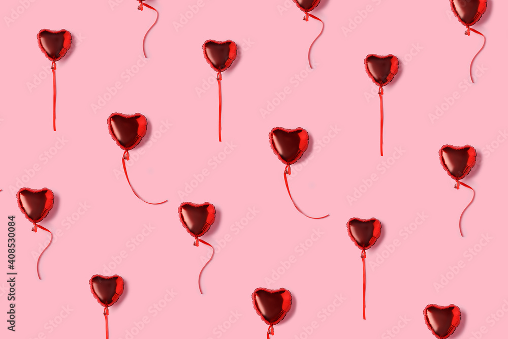 Love layout made with flying heart shaped balloons on pastel pink background. Minimal Valentines Day, party, wedding or Mother's day concept. Creative spring or summer floral layout. Flat lay. Love layout made with flying heart shaped balloons on pastel pink background. Minimal Valentines Day, party, wedding or Mother's day concept. Creative spring or summer floral layout. Flat lay.