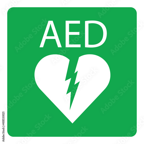 AED,automated external defibrillator / aed sign with heart and electricity symbol flat vector icon	
