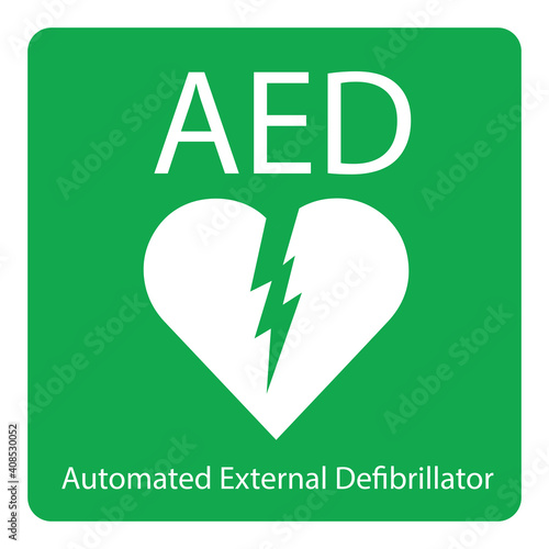 AED,automated external defibrillator / aed sign with heart and electricity symbol flat vector icon	
