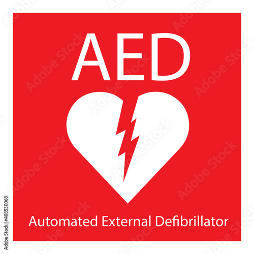 AED,automated external defibrillator / aed sign with heart and electricity symbol flat vector icon	
