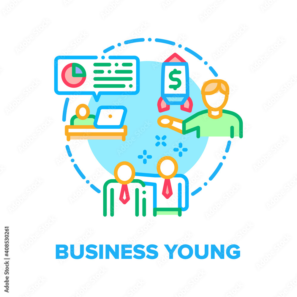 Business Young Vector Icon Concept. Business Relationship Team Employees And Growth Result, Researching Company Results And Calculating Profit, Startup And Innovation Color Illustration Business Young Vector Icon Concept. Business Relationship Team Employees And Growth Result, Researching Company Results And Calculating Profit, Startup And Innovation Color Illustration