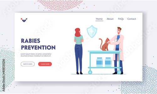 Rabies Prevention Landing Page Template. Cat Sit on Table of Veterinary Clinic. Veterinarian Doctor Put Injection