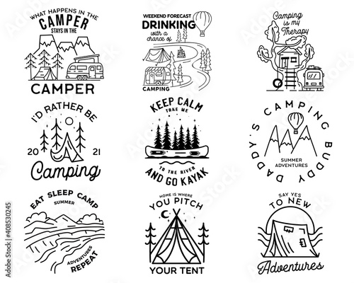Vintage line art logo designs set. Camping adventure badges with outdoors scenes. Camp label, hiking insignias bundle. Silhouette linear concept. Stock vector collection