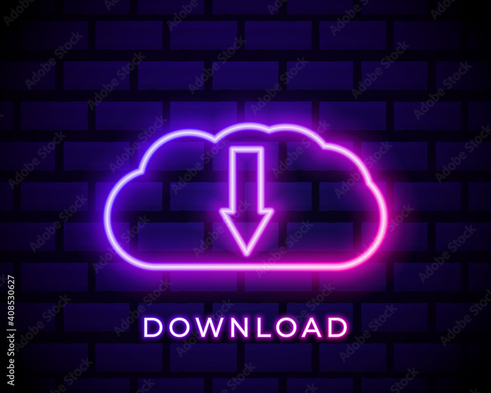 Glowing neon Cloud download icon isolated on brick wall background. Vector Illustration Glowing neon Cloud download icon isolated on brick wall background. Vector Illustration