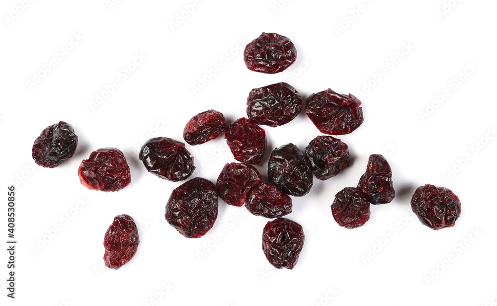 Dried cranberries pile isolated on white background, top view Dried cranberries pile isolated on white background, top view