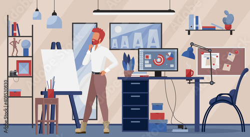 Creative designer studio workplace vector illustration. Cartoon man graphic designer, illustrator freelance worker standing at easel, working from home interior in art creativity process background