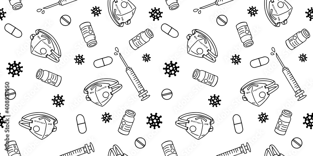Seamless pattern. hand draw doodle icon N95-mask, Coronavirus, Covid-19, syringe, vaccine bottle, pills and medicine . Seamless pattern. hand draw doodle icon N95-mask, Coronavirus, Covid-19, syringe, vaccine bottle, pills and medicine .