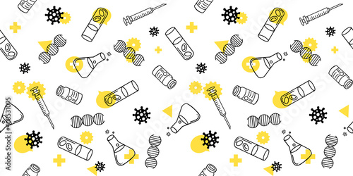 Seamless pattern. hand draw doodle icon N95-mask, Coronavirus, Covid-19, syringe, vaccine bottle, flask, dna strand, helix, test tube,