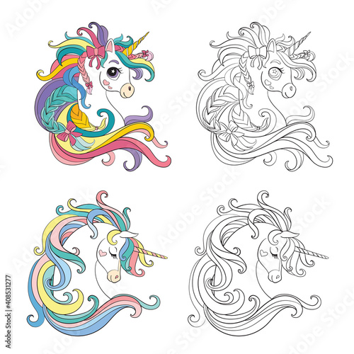 Set of cute cartoon unicorn vector illustration