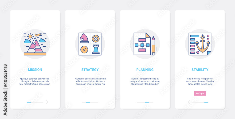 Business success strategy concept vector illustration. UX, UI onboarding mobile app page screen set with line successful mission statement, management planning, business stability abstract symbols