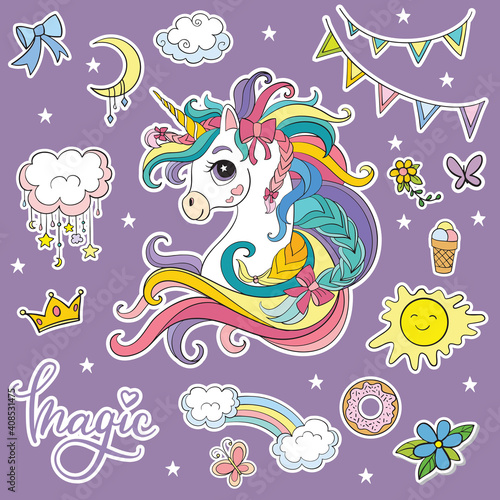 Set of fancy cartoon unicorn vector illustration