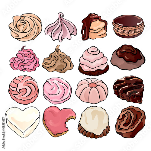 Collection of pastries and sweet bakery: meringues, whipped cream, cookies, chocolate chip cookies, icing sugar, chocolate roll, colorful illustrations of delicacies, isolated, for custom design.