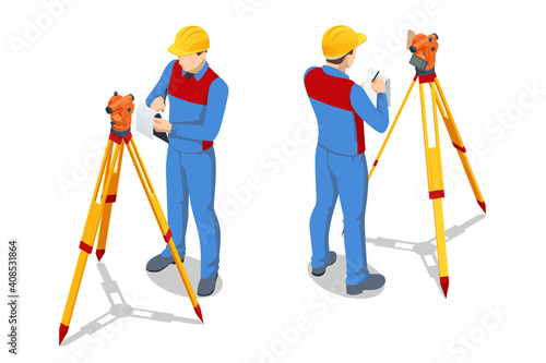 Isometric surveying measuring equipment level theodolite on tripod isolated on white background. Professional engineer surveyor takes measures with theodolite. Construction measuring tool