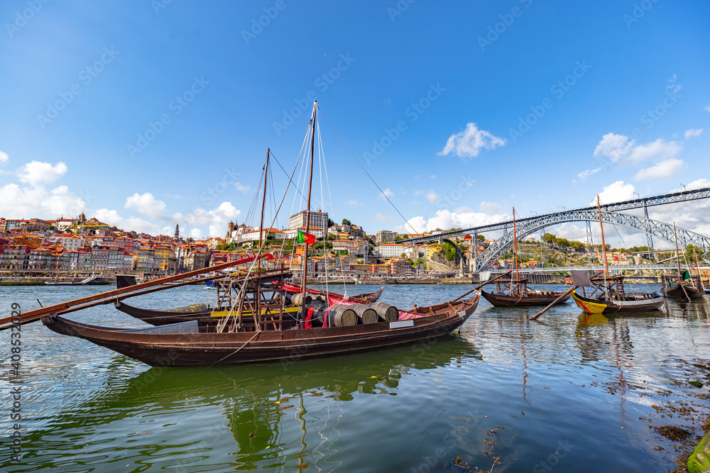 Douro river and traditional boat in Porto, Portugal. 