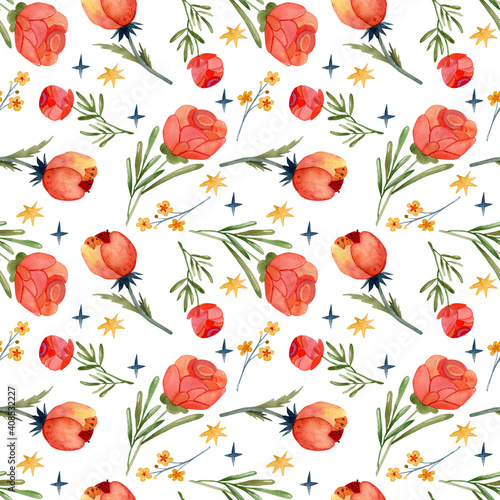 Fototapeta Naklejka Na Ścianę i Meble -  Watercolor floral botanical pattern and seamless background. Ideal for printing on fabric and paper or scrap booking. Hand-painted. Raster illustration.