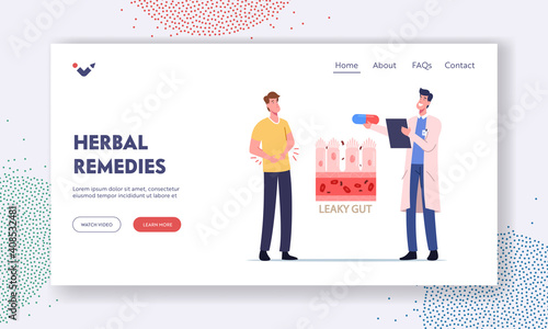 Leaky Gut Landing Page Template. Stomachache, Gastroenterology. Sick Male Patient Character Touching Diseased Belly