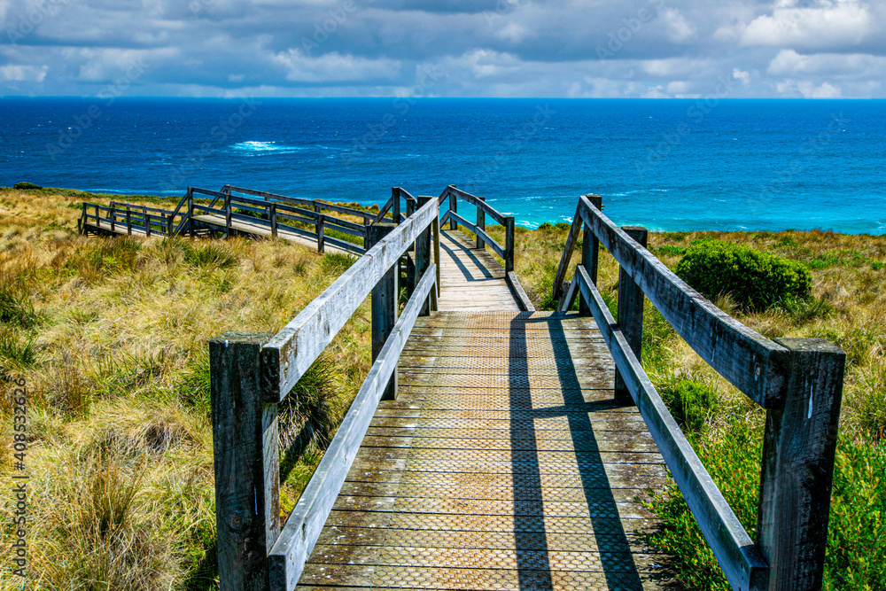Obraz premium Wooden hiking path, Ventnor Beach, Victoria, Australia