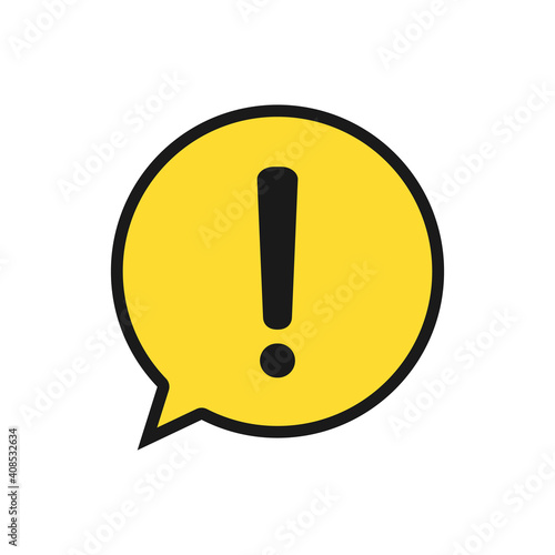 Black hazard warning exclamation sign in yellow speech bubble. Warning hazard chat symbol. Vector isolated on white.