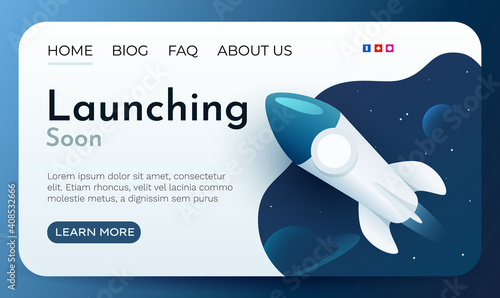Website landing home page with rocket. Business project startup and development. Modern flat background. Mobile web design template. Web banner design. Startup concept.