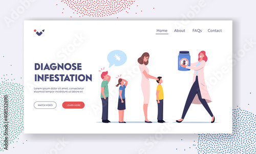 Pediculosis Landing Page Template. Pediatrician Doctor Character Check Up Children for Parasites Prevention in School