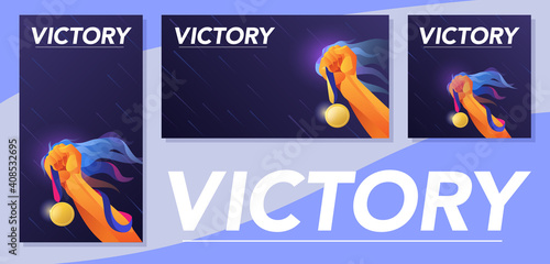 Set Design layout with symbol of victory hand with raised medal movement and energy.