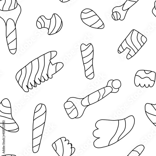 Doodle guasha scraper, face rollers, massagers seamless pattern. Self-care, anti-aging tools on isolated background.