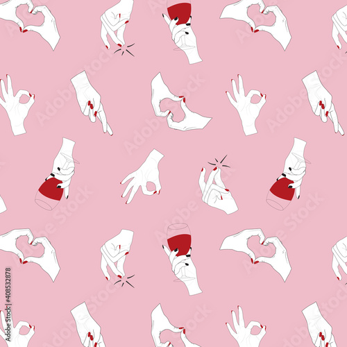 Fashion, stylish, trendy, woman power, positive, romance, self love, girl, woman, party, bachelorette. Seamless pattern of vector hand gesture illustration