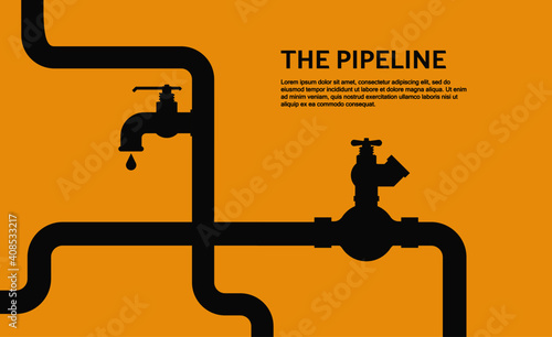 Web banner template. Industrial background with yellow pipeline. Oil, water or gas pipeline with fittings and valves. Vector illustration in a flat style.