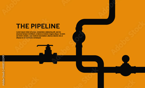 Web banner template. Industrial background with yellow pipeline. Oil, water or gas pipeline with fittings and valves. illustration in a flat style.