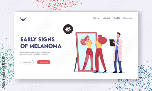 Skin Cancer Prevention, Awareness Landing Page Template. Girl Search Dangerous Birthmarks on Face, Doctor Dermatologist