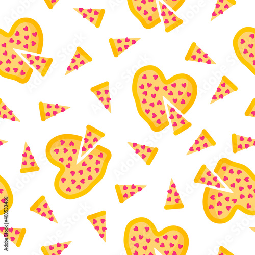 Seamless pattern of heart shaped pizza for the wedding or Valentine's Day.