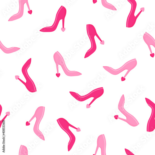 Seamless pattern of pink high heels with heart for the wedding or Valentine's Day.