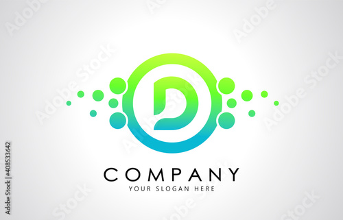 Dots Letter D Logo in Blue and Green Gradient. Alphabet Dotted Logo Vector Design, EPS10.
