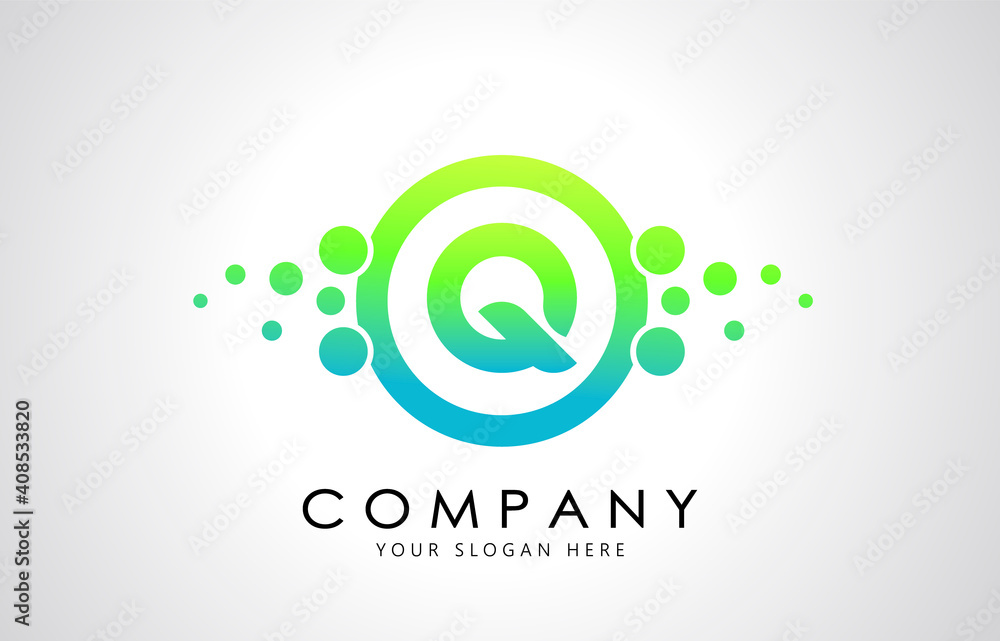 Dots Letter Q Logo in Blue and Green Gradient. Alphabet Dotted Logo Vector Design, EPS10.
